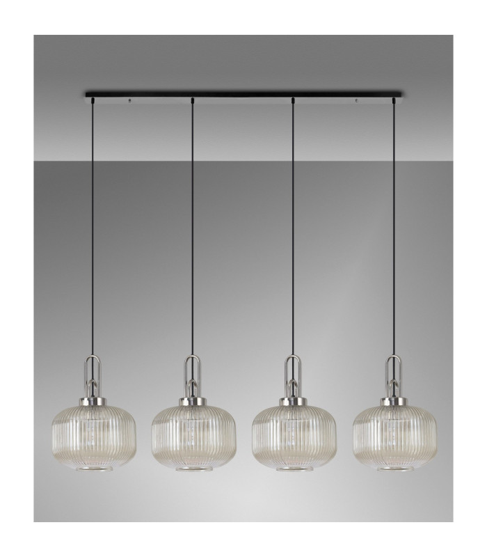 Yorktown Linear Pendant 4 x E27 Polished Nickel/Matt Black 30cm Pumpkin Shaped Ribbed Champagne Glass-11