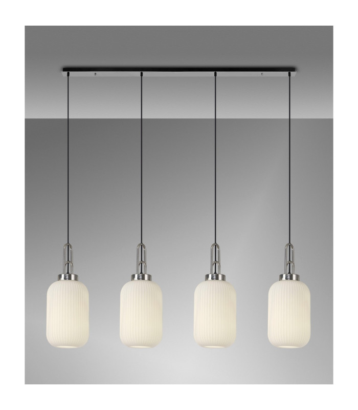 Yorktown Linear 4 Light Pendant 20cm Tubular Ribbed Glass Polished Nickel/Matt Black Opal-3