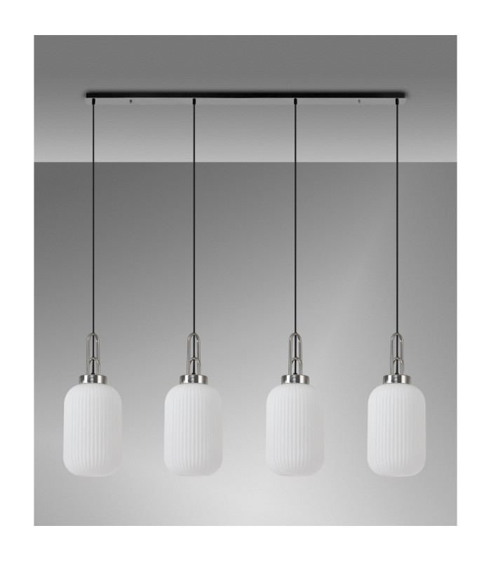 Yorktown Linear 4 Light Pendant 20cm Tubular Ribbed Glass Polished Nickel/Matt Black Opal-10