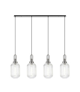 Yorktown Linear 4 Light Pendant 20cm Tubular Ribbed Glass Polished Nickel/Matt Black Clear-1