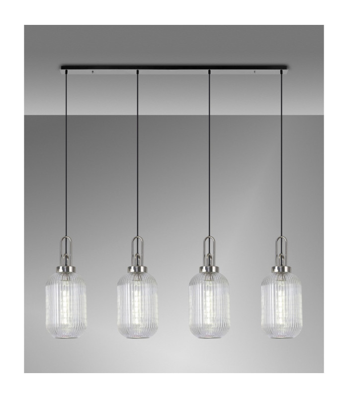 Yorktown Linear 4 Light Pendant 20cm Tubular Ribbed Glass Polished Nickel/Matt Black Clear-3