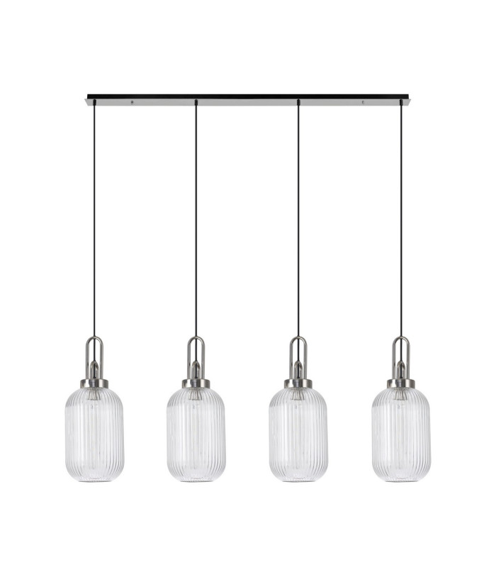 Yorktown Linear 4 Light Pendant 20cm Tubular Ribbed Glass Polished Nickel/Matt Black Clear-4