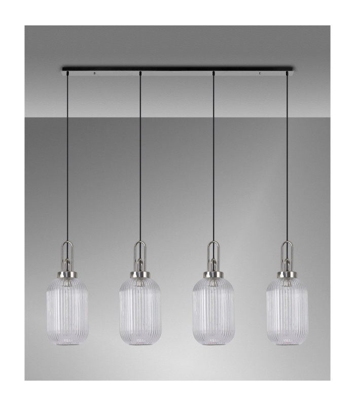 Yorktown Linear 4 Light Pendant 20cm Tubular Ribbed Glass Polished Nickel/Matt Black Clear-11
