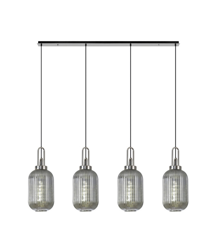 Yorktown Linear 4 Light Pendant 20cm Tubular Ribbed Glass Polished Nickel/Matt Black Smoked-1