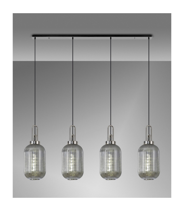 Yorktown Linear 4 Light Pendant 20cm Tubular Ribbed Glass Polished Nickel/Matt Black Smoked-3