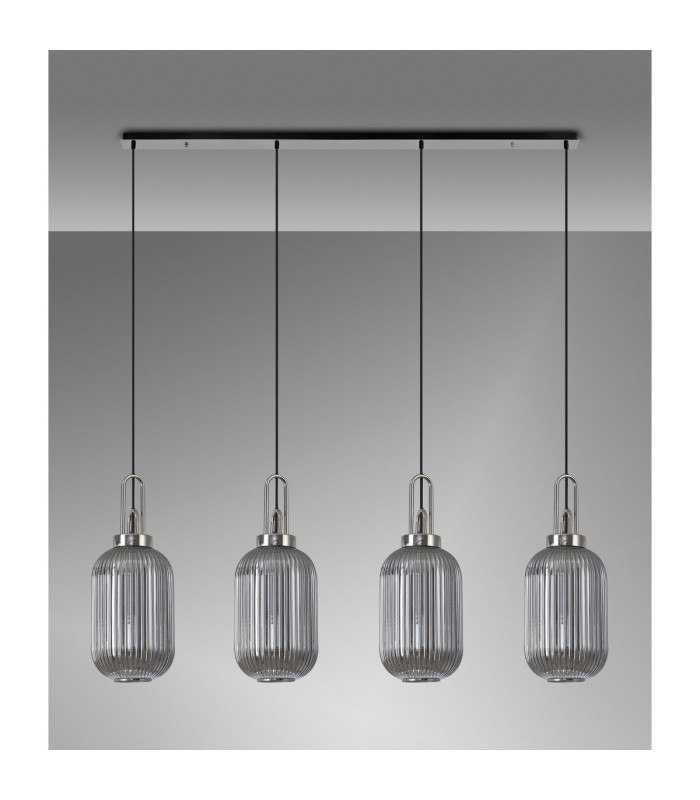 Yorktown Linear 4 Light Pendant 20cm Tubular Ribbed Glass Polished Nickel/Matt Black Smoked-11