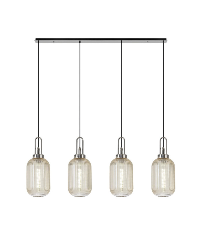 Yorktown Linear 4 Light Pendant 20cm Tubular Ribbed Glass Polished Nickel/Matt Black Champagne-1