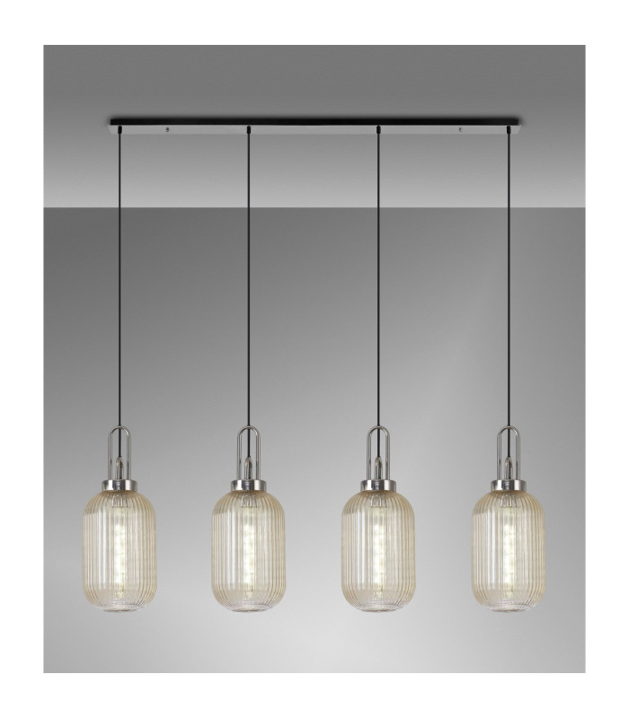 Yorktown Linear 4 Light Pendant 20cm Tubular Ribbed Glass Polished Nickel/Matt Black Champagne-3