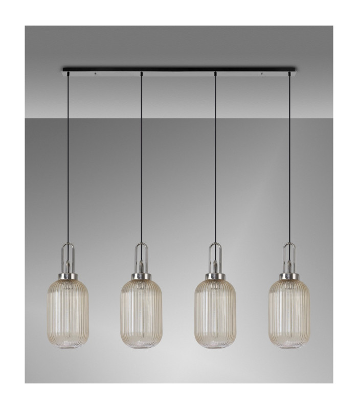 Yorktown Linear 4 Light Pendant 20cm Tubular Ribbed Glass Polished Nickel/Matt Black Champagne-11