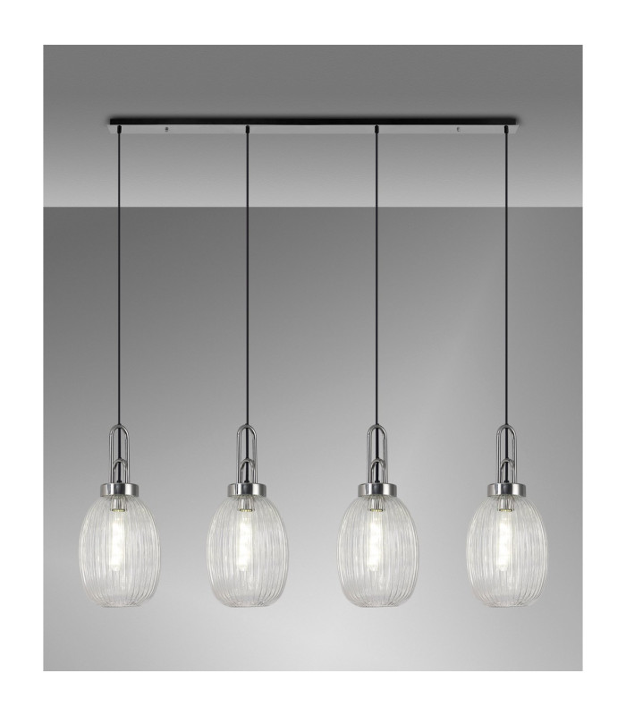 Yorktown Linear 4 Light Pendant 20cm Almond Ribbed Glass Polished Nickel/Matt Black Clear-3