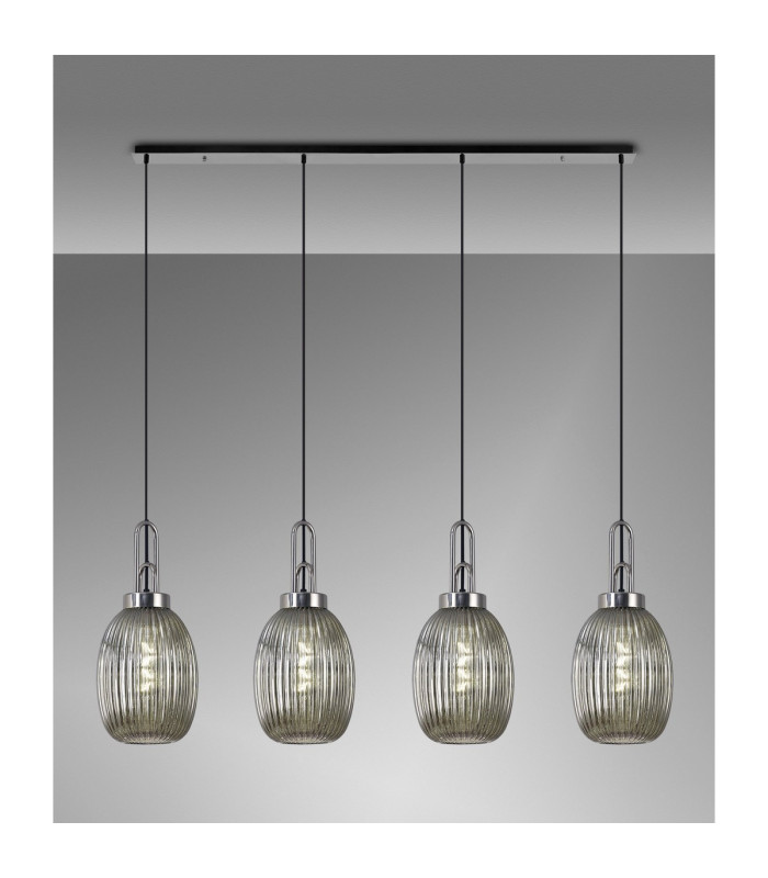 Yorktown Linear 4 Light Pendant 20cm Almond Ribbed Glass Polished Nickel/Matt Black Smoked-3