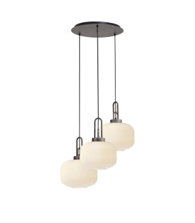Yorktown 65cm 2m Round Pendant 3 x E27 Pewter/Matt Black 30cm Pumpkin Shaped Ribbed Opal Glass-1