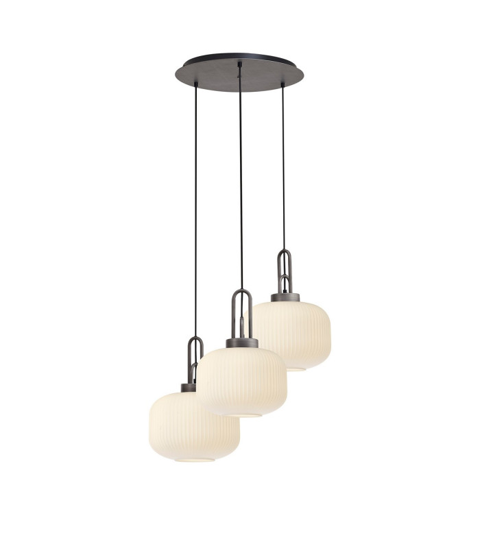 Yorktown 65cm 2m Round Pendant 3 x E27 Pewter/Matt Black 30cm Pumpkin Shaped Ribbed Opal Glass-1
