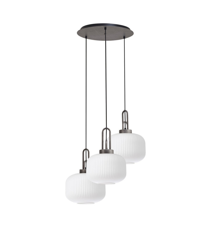 Yorktown 65cm 2m Round Pendant 3 x E27 Pewter/Matt Black 30cm Pumpkin Shaped Ribbed Opal Glass-4