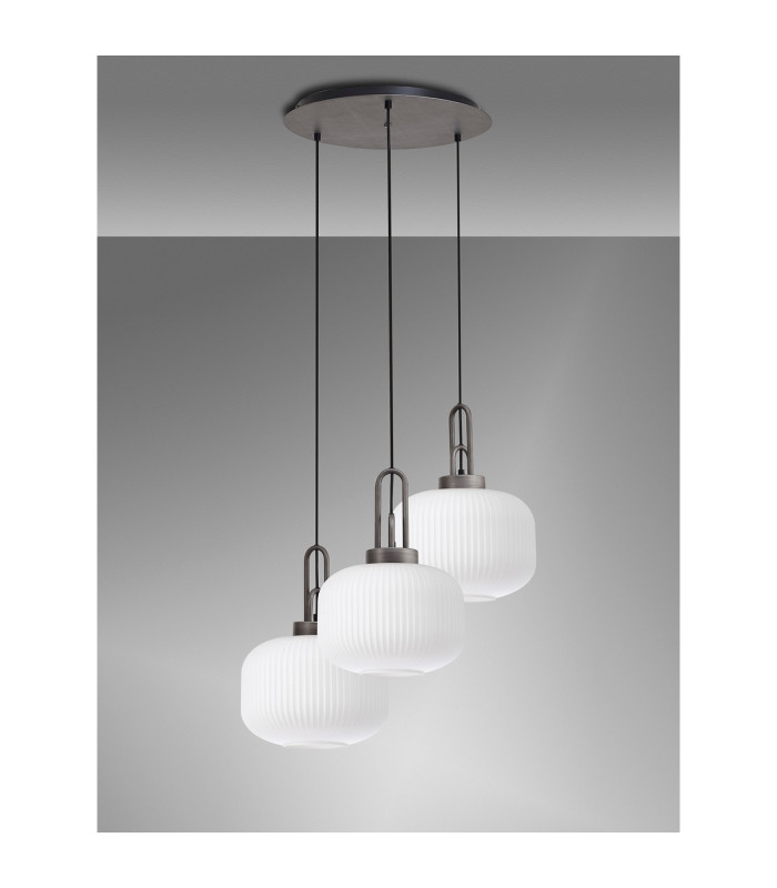 Yorktown 65cm 2m Round Pendant 3 x E27 Pewter/Matt Black 30cm Pumpkin Shaped Ribbed Opal Glass-10