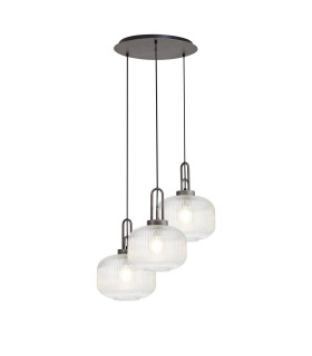 Yorktown 65cm 2m Round Pendant 3 x E27 Pewter/Matt Black 30cm Pumpkin Shaped Ribbed Clear Glass-1