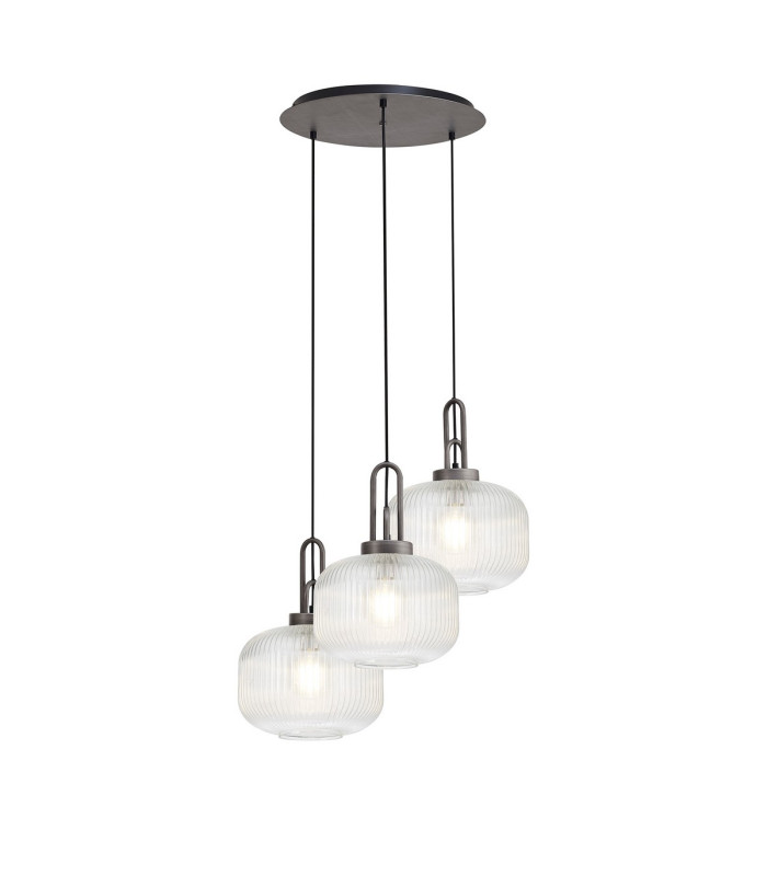 Yorktown 65cm 2m Round Pendant 3 x E27 Pewter/Matt Black 30cm Pumpkin Shaped Ribbed Clear Glass-1