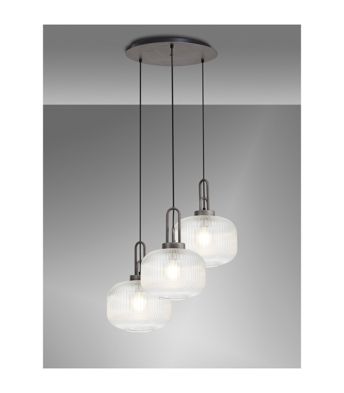 Yorktown 65cm 2m Round Pendant 3 x E27 Pewter/Matt Black 30cm Pumpkin Shaped Ribbed Clear Glass-3