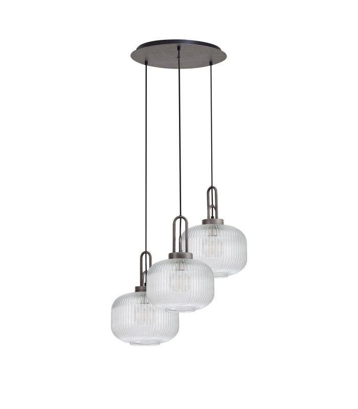 Yorktown 65cm 2m Round Pendant 3 x E27 Pewter/Matt Black 30cm Pumpkin Shaped Ribbed Clear Glass-4