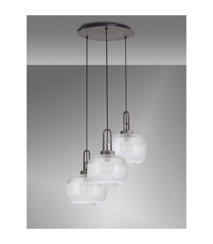 Yorktown 65cm 2m Round Pendant 3 x E27 Pewter/Matt Black 30cm Pumpkin Shaped Ribbed Clear Glass-10