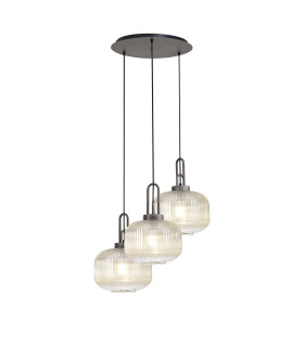 Yorktown 65cm 2m Round Pendant 3 x E27 Pewter/Matt Black 30cm Pumpkin Shaped Ribbed Champagne Glass-1