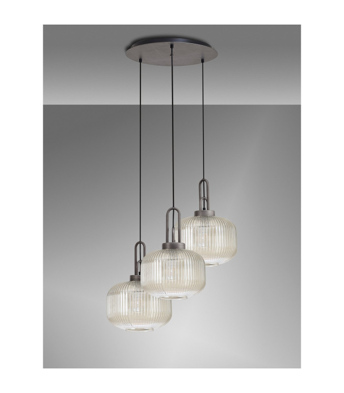Yorktown 65cm 2m Round Pendant 3 x E27 Pewter/Matt Black 30cm Pumpkin Shaped Ribbed Champagne Glass-10