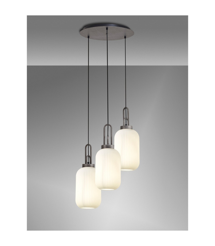 Yorktown 55cm Round 3 Light Pendant 20cm Tubular Ribbed Glass Aged Pewter/Matt Black Opal-3