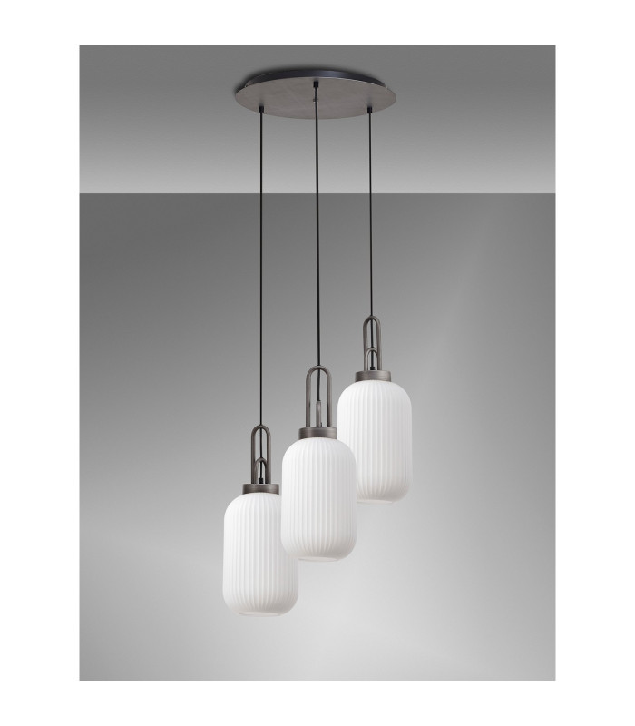 Yorktown 55cm Round 3 Light Pendant 20cm Tubular Ribbed Glass Aged Pewter/Matt Black Opal-9