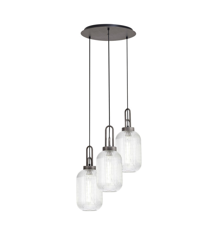 Yorktown 55cm Round 3 Light Pendant 20cm Tubular Ribbed Glass Aged Pewter/Matt Black Clear-1