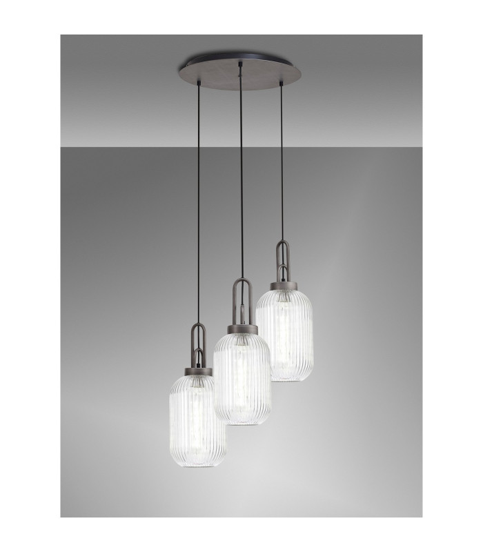 Yorktown 55cm Round 3 Light Pendant 20cm Tubular Ribbed Glass Aged Pewter/Matt Black Clear-3