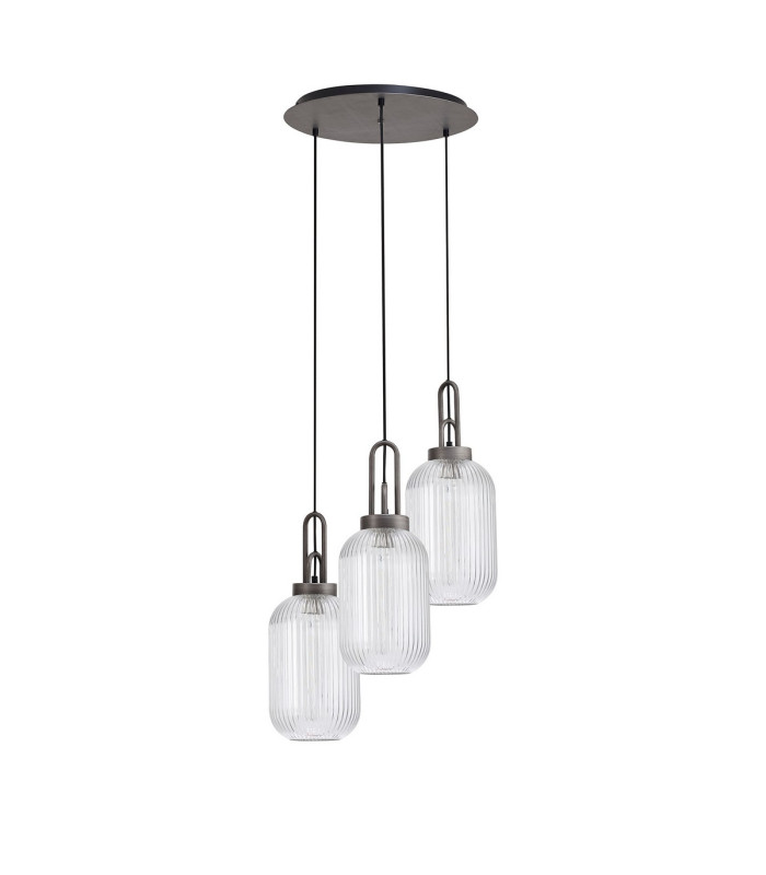 Yorktown 55cm Round 3 Light Pendant 20cm Tubular Ribbed Glass Aged Pewter/Matt Black Clear-4