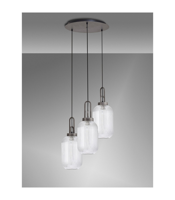 Yorktown 55cm Round 3 Light Pendant 20cm Tubular Ribbed Glass Aged Pewter/Matt Black Clear-10