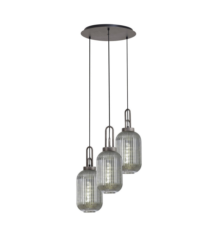 Yorktown 55cm Round 3 Light Pendant 20cm Tubular Ribbed Glass Aged Pewter/Matt Black Smoked-1