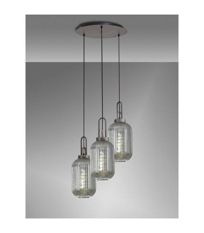 Yorktown 55cm Round 3 Light Pendant 20cm Tubular Ribbed Glass Aged Pewter/Matt Black Smoked-3