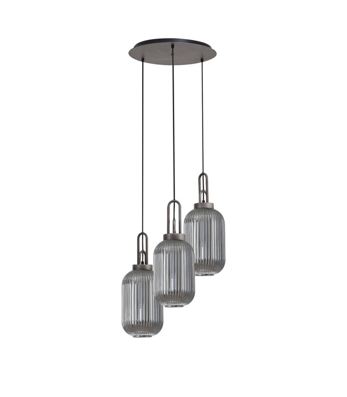 Yorktown 55cm Round 3 Light Pendant 20cm Tubular Ribbed Glass Aged Pewter/Matt Black Smoked-4