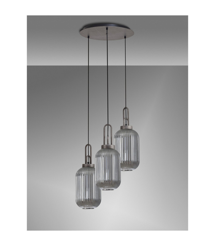 Yorktown 55cm Round 3 Light Pendant 20cm Tubular Ribbed Glass Aged Pewter/Matt Black Smoked-10