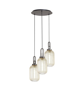 Yorktown 55cm Round 3 Light Pendant 20cm Tubular Ribbed Glass Aged Pewter/Matt Black Champagne-1