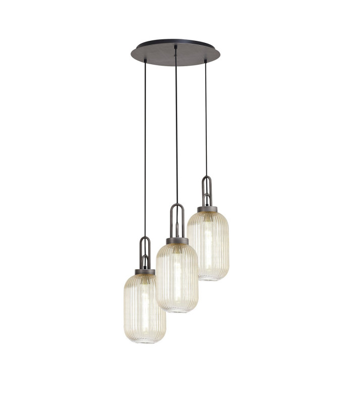 Yorktown 55cm Round 3 Light Pendant 20cm Tubular Ribbed Glass Aged Pewter/Matt Black Champagne-1