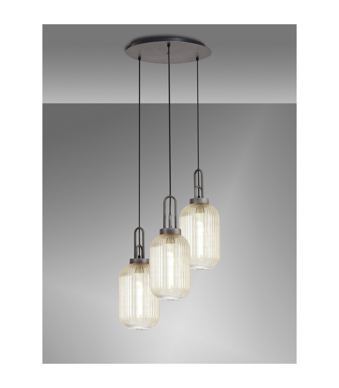 Yorktown 55cm Round 3 Light Pendant 20cm Tubular Ribbed Glass Aged Pewter/Matt Black Champagne-3