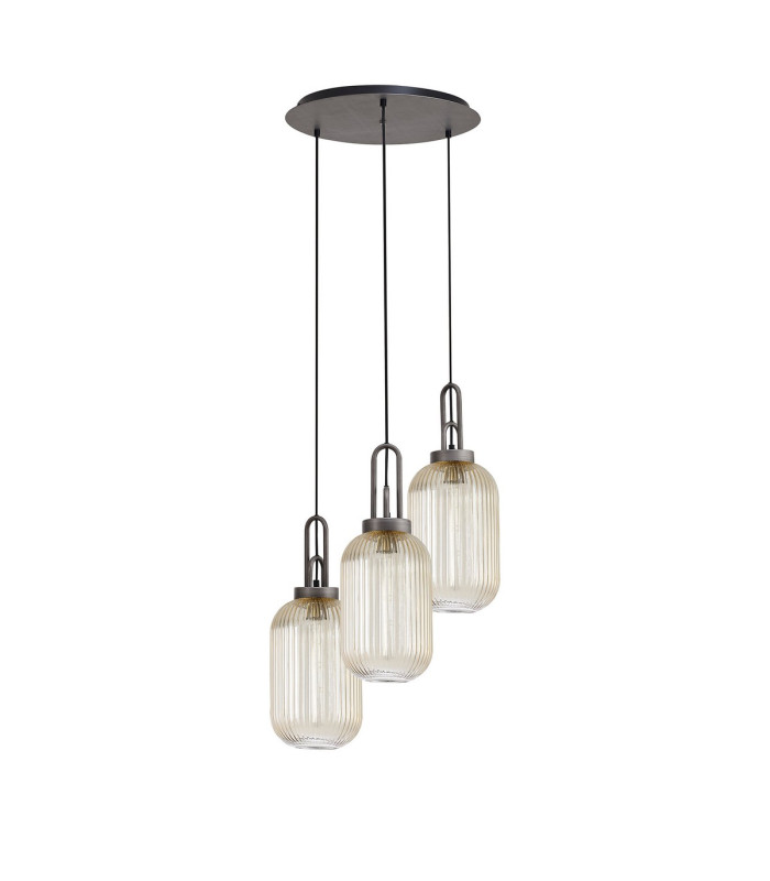 Yorktown 55cm Round 3 Light Pendant 20cm Tubular Ribbed Glass Aged Pewter/Matt Black Champagne-4
