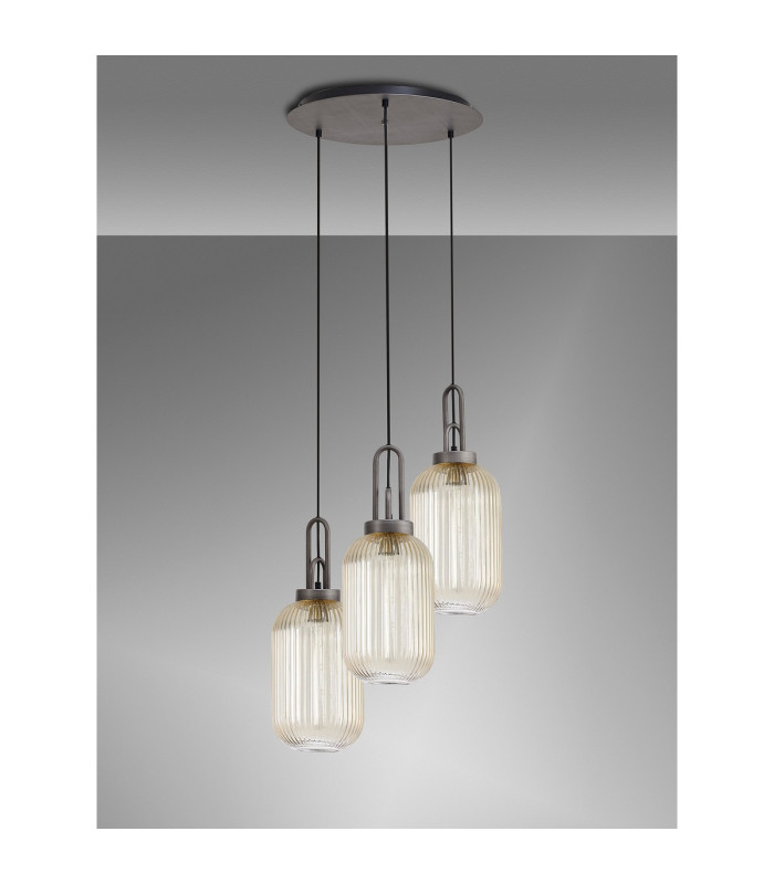 Yorktown 55cm Round 3 Light Pendant 20cm Tubular Ribbed Glass Aged Pewter/Matt Black Champagne-10