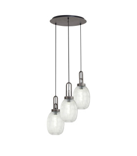 Yorktown 55cm Round 3 Light Pendant 20cm Almond Ribbed Glass Aged Pewter/Matt Black Clear-1