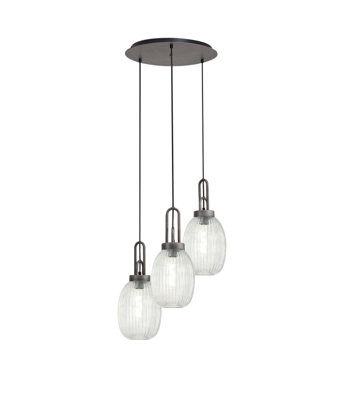 Yorktown 55cm Round 3 Light Pendant 20cm Almond Ribbed Glass Aged Pewter/Matt Black Clear-1