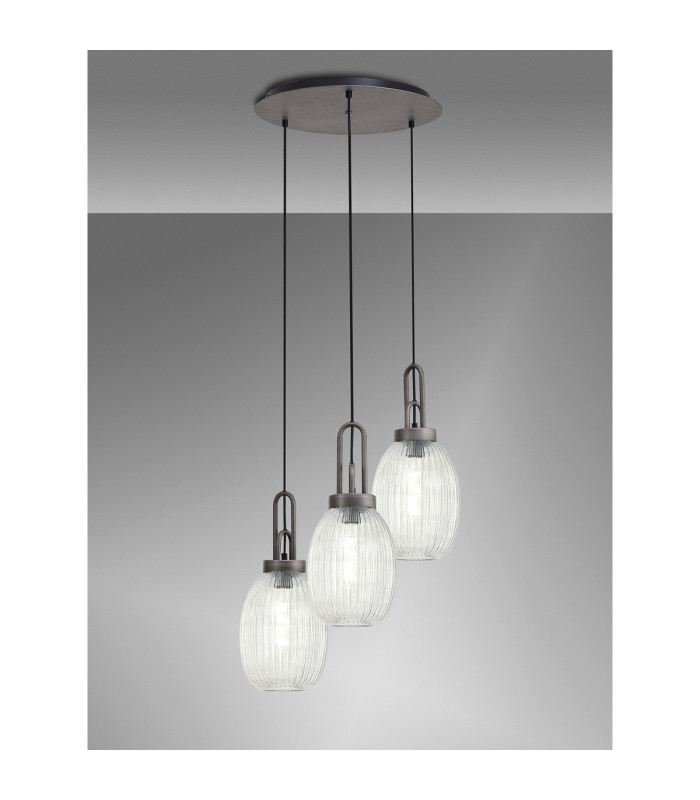 Yorktown 55cm Round 3 Light Pendant 20cm Almond Ribbed Glass Aged Pewter/Matt Black Clear-3