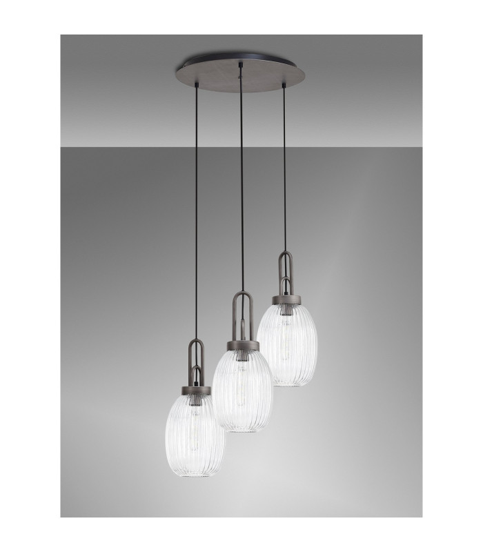 Yorktown 55cm Round 3 Light Pendant 20cm Almond Ribbed Glass Aged Pewter/Matt Black Clear-9
