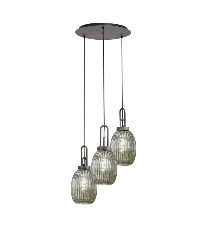 Yorktown 55cm Round 3 Light Pendant 20cm Almond Ribbed Glass Aged Pewter/Matt Black Smoked-1