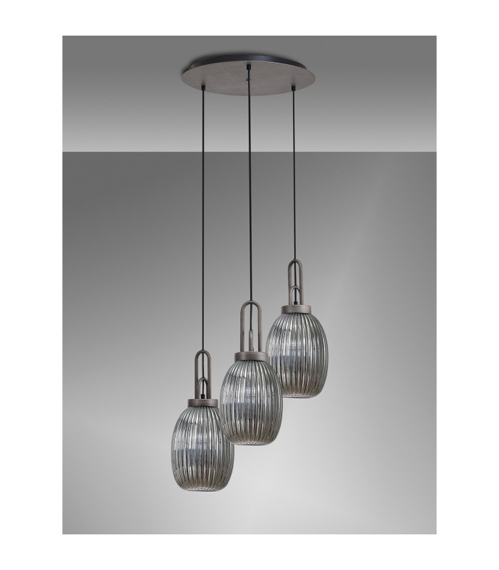 Yorktown 55cm Round 3 Light Pendant 20cm Almond Ribbed Glass Aged Pewter/Matt Black Smoked-9
