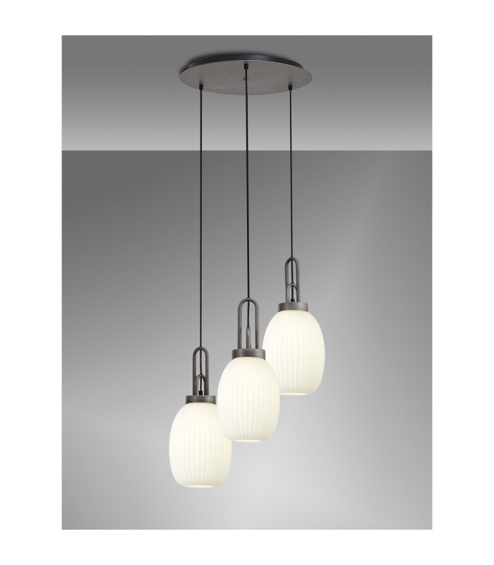 Yorktown 55cm Round 3 Light Pendant 20cm Almond Ribbed Glass Aged Pewter/Matt Black Opal-3