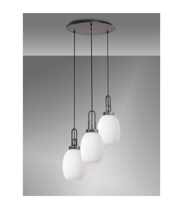 Yorktown 55cm Round 3 Light Pendant 20cm Almond Ribbed Glass Aged Pewter/Matt Black Opal-9