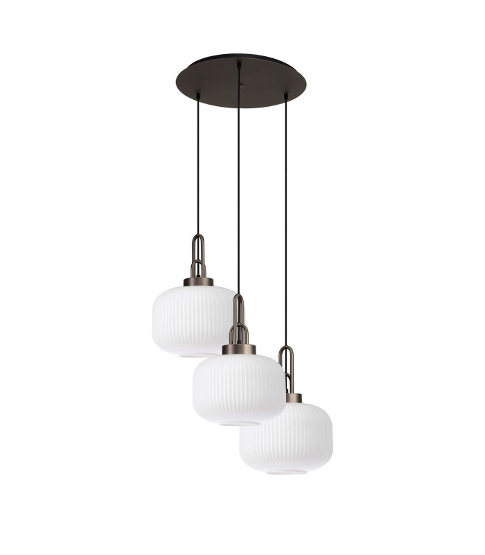 Yorktown 65cm 2m Round Pendant 3 x E27 Antique Silver/Matt Black 30cm Pumpkin Shaped Ribbed Opal Glass-4